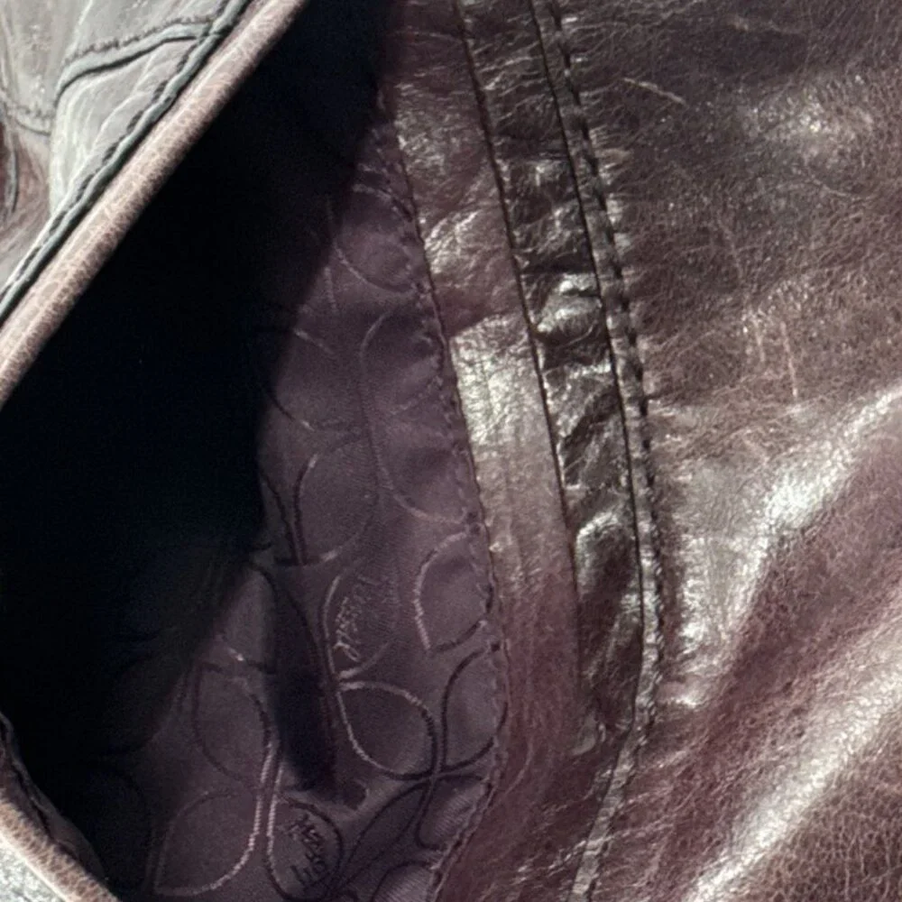 Vintage FOSSIL Leather Shoulder Messenger Bag Dark Plum Large Purse Y2K Hobnail